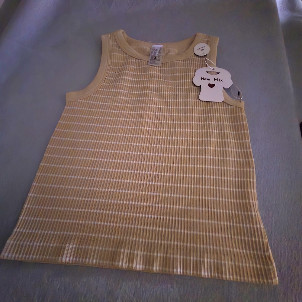 New Mix Tan and White Striped Ribbed Tank Top